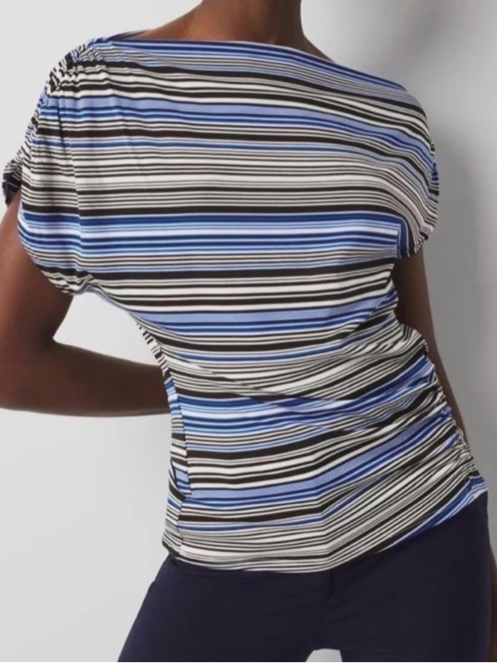 WHBM Asymmetrical Blue, Black & White Striped Boatneck Tunic Top sz S